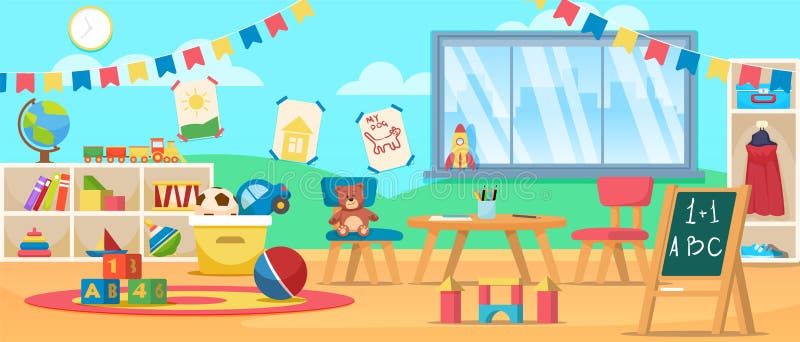 Kindergarten Education Interior. Preschool Classroom with Desk, Chairs
