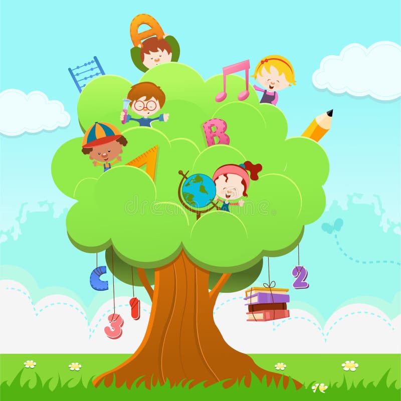 Little children climbing on a tree with school objects. Little children climbing on a tree with school objects.