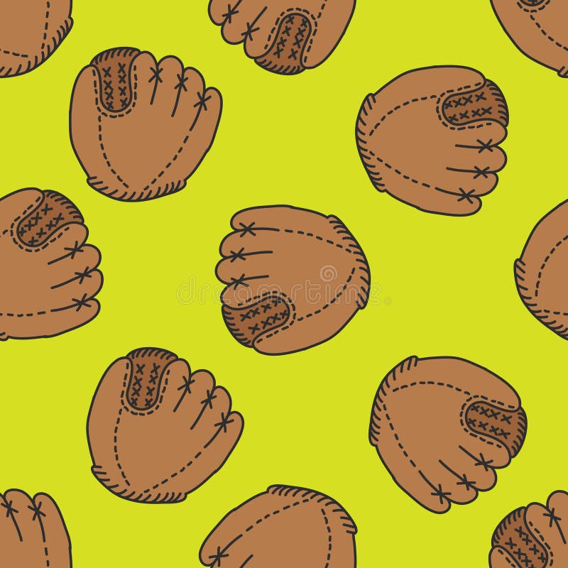 Leather Baseball Glove Seamless Doodle Pattern, Vector Illustration