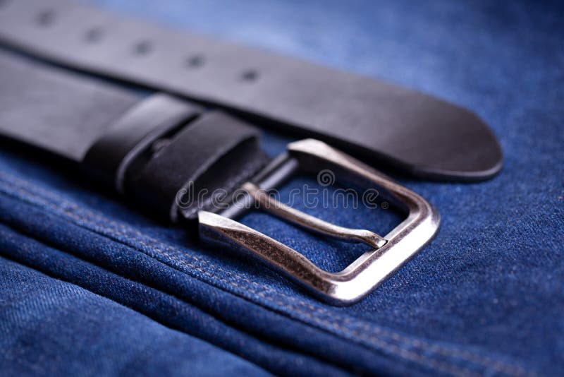 Leather Belt Lies on Denim. Belt Accessory Wardrobe Stock Image - Image ...