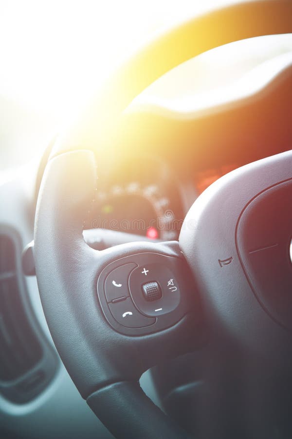 Leatherblack Steering Wheel with Remote Control, Modern Car, Blurry