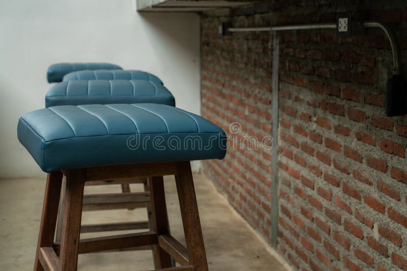 Leather Blue Stool Wooden Chair in Cafe Stock Photo Image of office