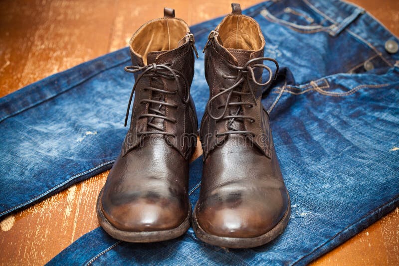 Leather boots brown and blue jeans royalty free stock images Leather boots brown and blue jeans royalty free stock images