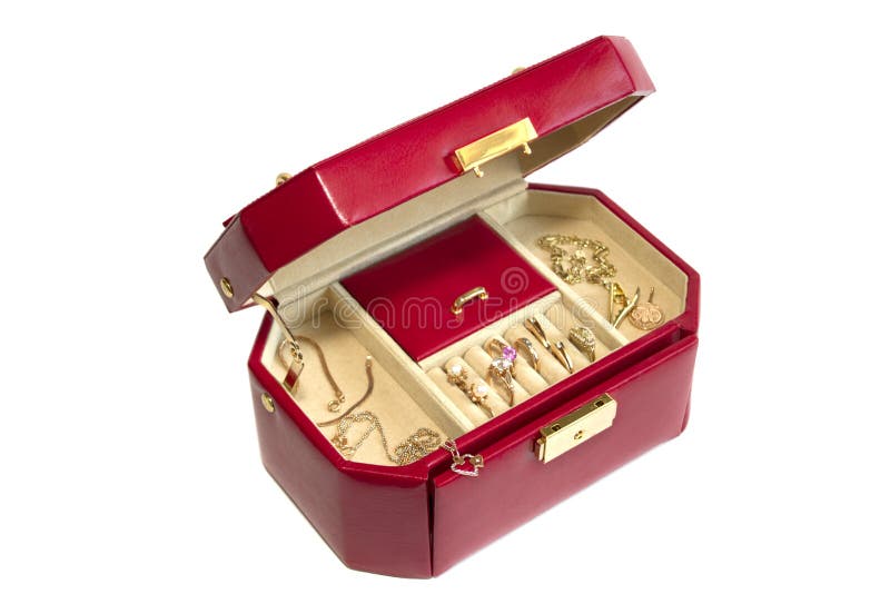 Leather Box with Gold Jewelry on White Stock Image Image of white