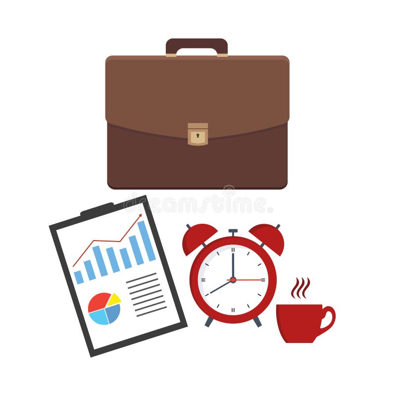 Leather business briefcase and documents sheet. Office contracts, agreements, reports. Bag with docs and forms and alarm clock wit royalty free illustration