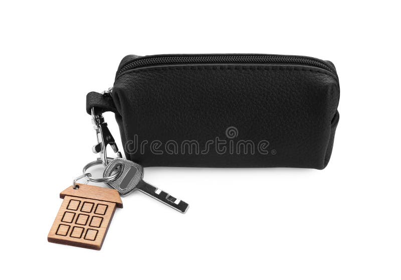 Leather case with key on white. Leather case with key on white