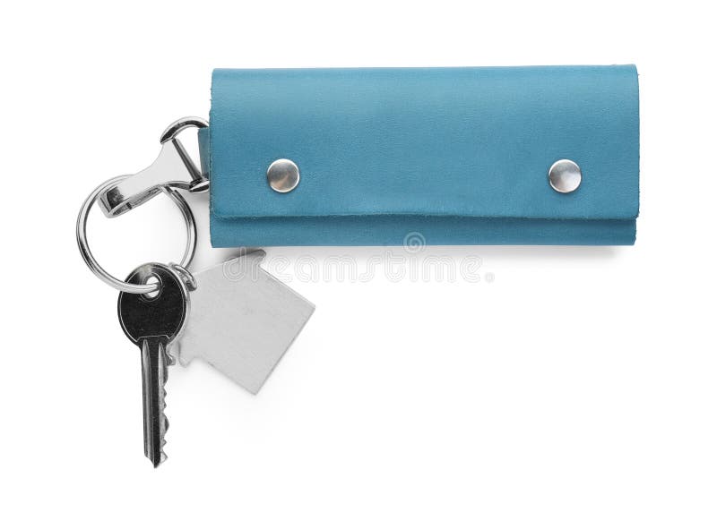 Leather case with key isolated on white, top view. Leather case with key isolated on white, top view