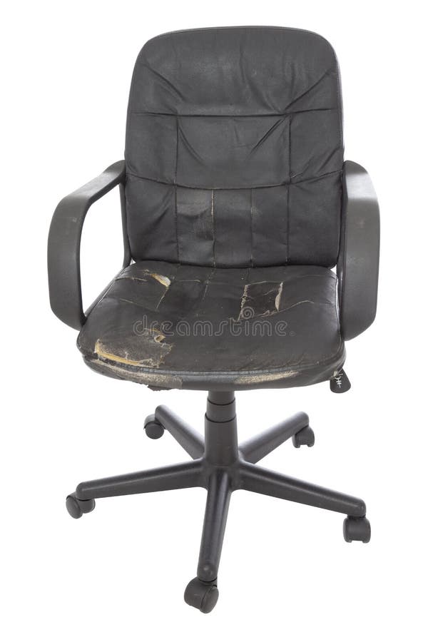 Black damage leather chair on white background