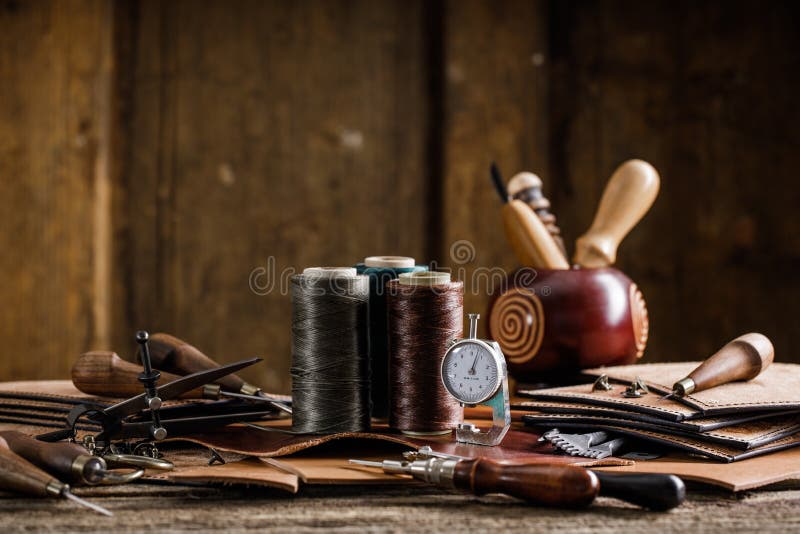 Leather Craft Accessories. Tools And Matherials On Dark Wooden Background  Top View Copyspace Stock Photo, Picture and Royalty Free Image. Image  84057709.