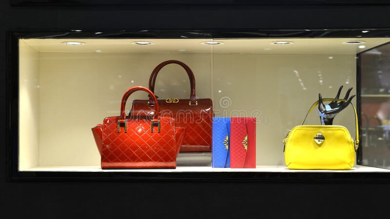 Leather Handbag Showcase, Shop Window Stock Image - Image of luxury ...