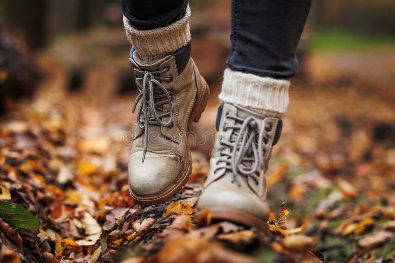 Leather Hiking Boot with Knitted Socks Stock Photo - Image of season, leaf:  280229310