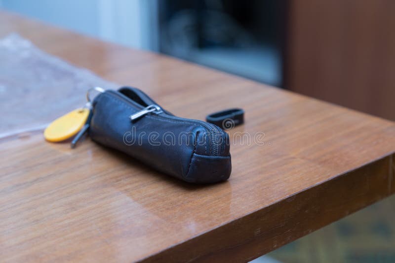 Leather key case with zipper and chip. Close-up