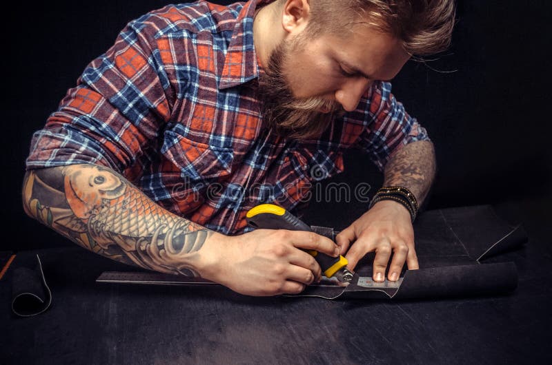 Leather Maker Cut Leather with Utility Knife. Stock Image Image of