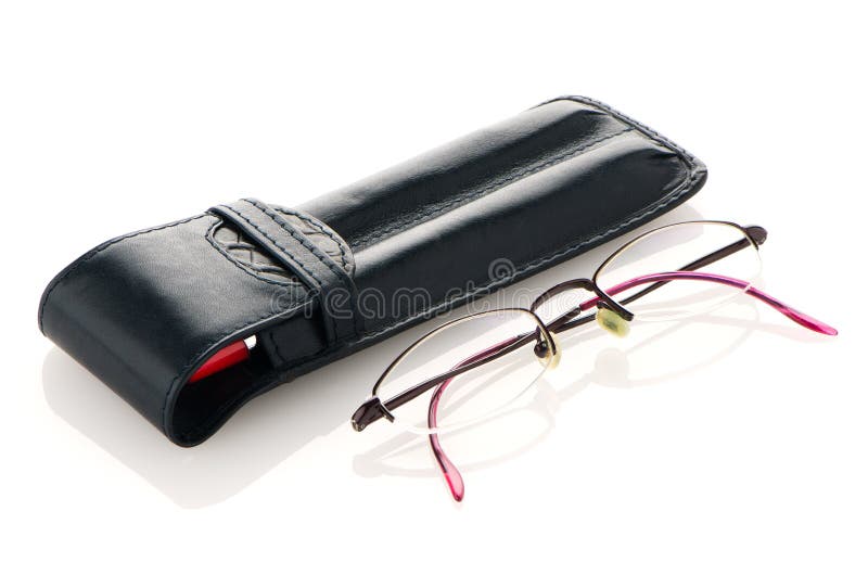 Leather pencil case and glasses stock photos
