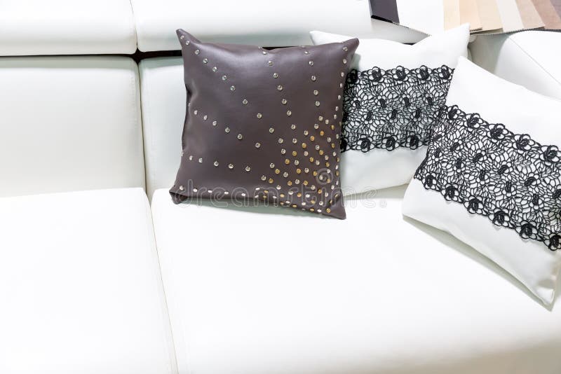 Leather Pillows on the Brown Sofa Stock Image Image of color, closeup