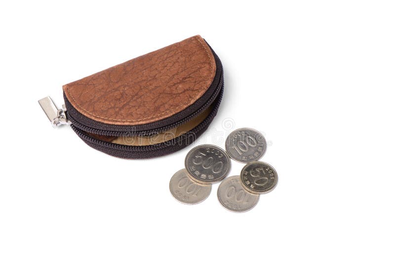 Leather purse with coins, isolated on white