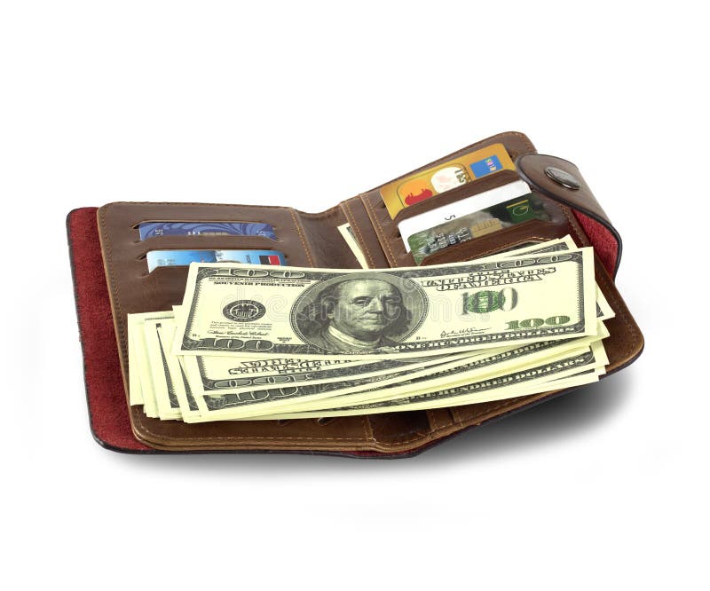 Leather purse with money and credit cards on white background