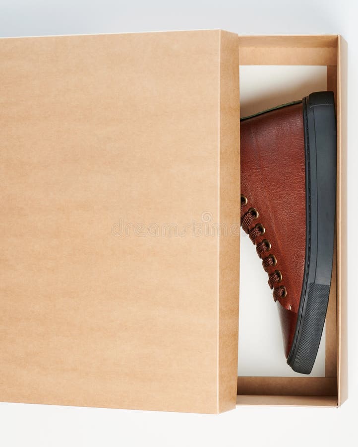 Leather shoes in half closed box above top view isolated