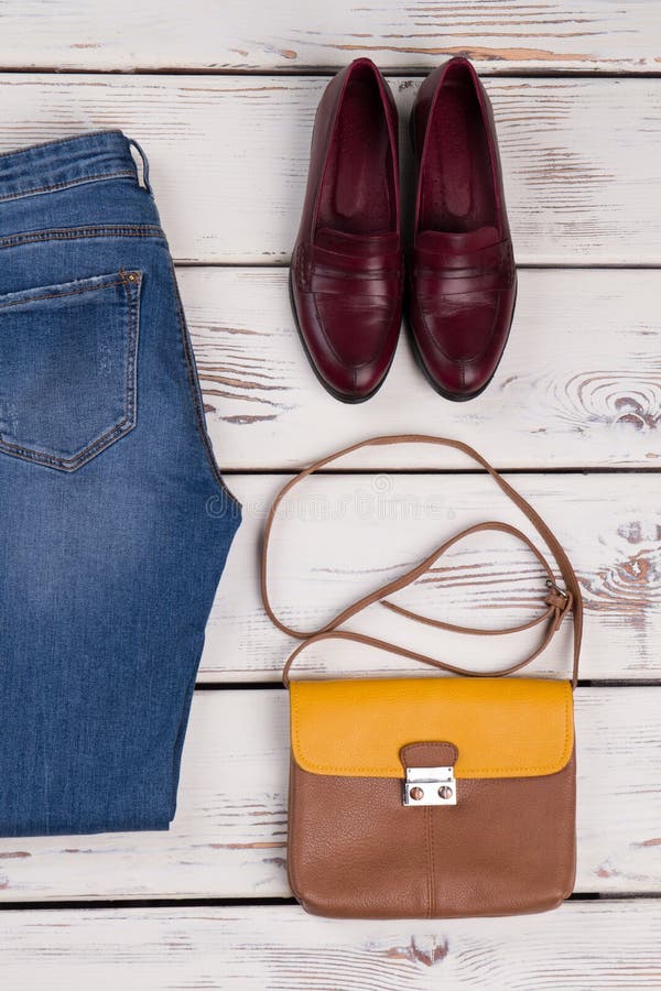 Leather Shoes and Shoulder Bag Stock Image - Image of shop, leather ...