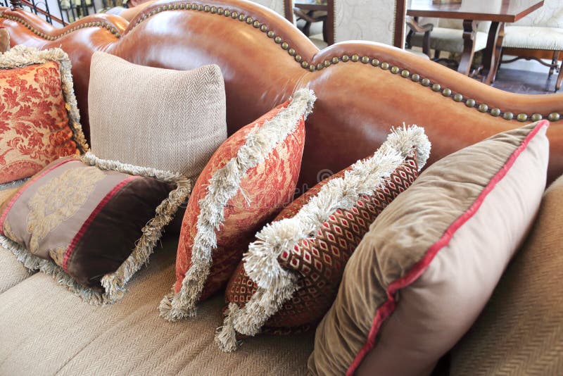 Leather sofa with cushion stock photo. Image of cushion 44946520