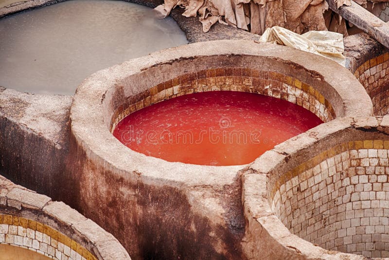 Leather Tannery Pit with Red Dye Stock Image - Image of horizontal