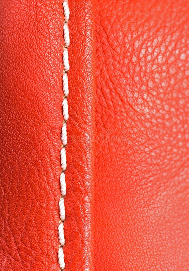 Leather Texture, Orange Background Skin Stitched with White Thread