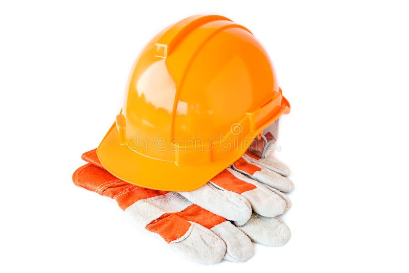 Leather work gloves and safety hat on white background