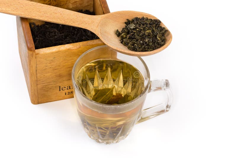 Leaves and Brewed Green Tea in Cup, Against Tea Box Stock Image Image