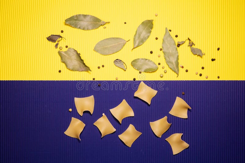 Leaves And Macaroni On Yellow And Purple Background Stock Image Image Of Leaf Leaves