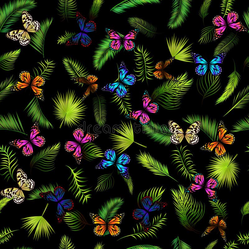 Palm leaves and butterflies seamless pattern on black background. Vector background stock illustration