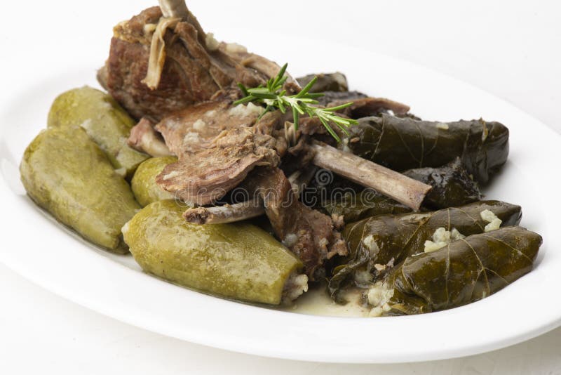 Lebanese food - cooked zucchini with rice, grape leaves stuffed with rice and meat