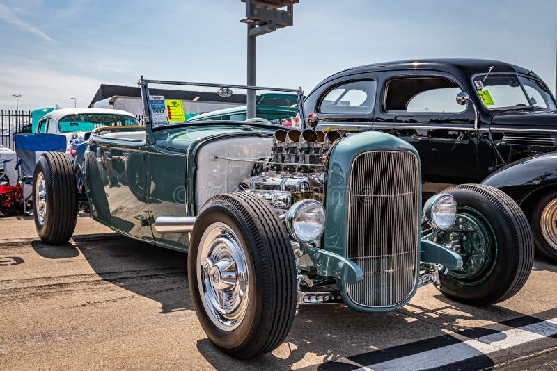 1931 Ford Model A Roadster. Lebanon, TN - May 14, 2022: Low perspective front corner view of a 1931 Ford Model A Roadster at a local car show