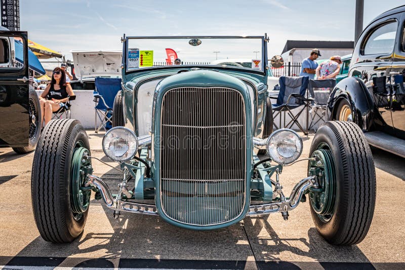 Lebanon, TN - May 14, 2022: Low perspective front view of a 1931 Ford Model A Roadster at a local car show