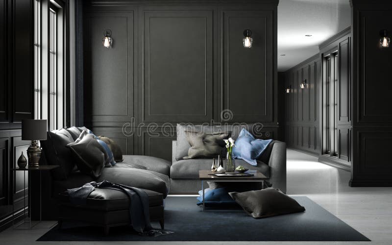 Lebendes Studioinnenmodell, schwarze klassische Art, renderin 3D lizenzfreie abbildung