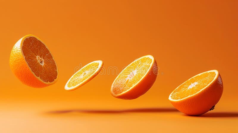 Lebendig und frisch. erleben Sie die knackigen Farben und zarten Farben der schwebenden orangefarbenen Scheiben vektor abbildung