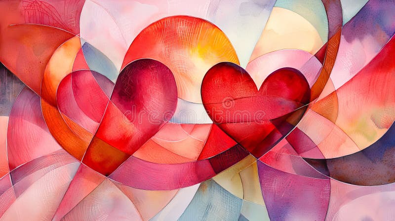Lebendige abstrakte Aquarellkunst überlappender Herzen in warmen Tönen Konzept der Liebesromane und emotionalen Ausdruck stockfotografie