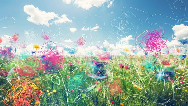 Vibrant Abstract Meadow with Colorful Scribbles and Blue Skies. AI generated. Vibrant Abstract Meadow with Colorful Scribbles and Blue Skies. AI generated