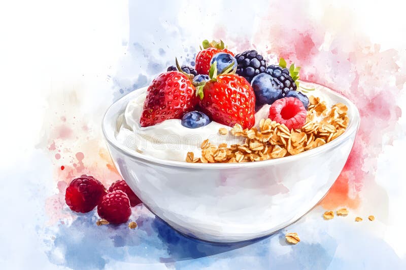 Lebendige Aquarellbild einer Schüssel Jogurt mit Granola und Beeren vektor abbildung