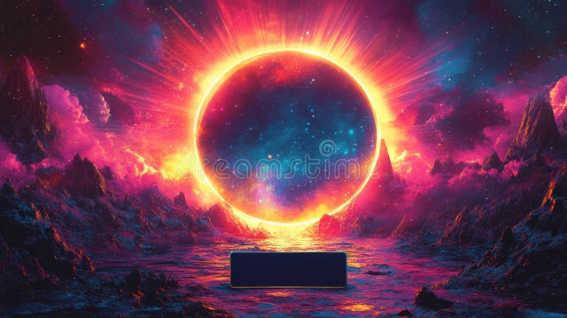 Lebendige kosmische Finsternis über verzauberte Landschaft mit Neonfarben lizenzfreies stockbild