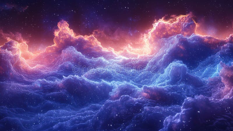Lebendige kosmische Landschaft mit farbenprächtigen Wolken und Sternen, die Wunder und Ruhe hervorrufen stockbilder