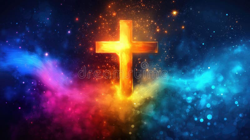 Lebendiges kosmisches Kreuz : leuchtendes Symbol inmitten farbenfroher Sternnebel. Ostpascha paskha ostern pascuques stockbild