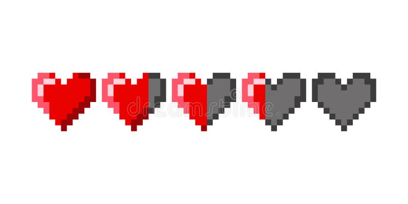 Lebensdaueranzeige. Pixelart 8bit Gesundheit Herzbalken. Schadenshöhe. rote Herzen. Herzsymbol-Design-Element. Pixelspieldesign.