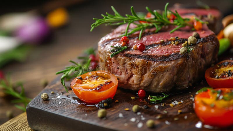 Lebensmittelfotografie eines gegrillten mittelseltenen Rindsteaks mit Kirschtomaten und Rosmarin lizenzfreie abbildung