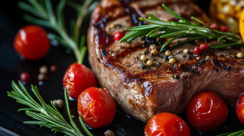 Lebensmittelfotografie eines gegrillten mittelseltenen Rindsteaks mit Kirschtomaten und Rosmarin stock abbildung