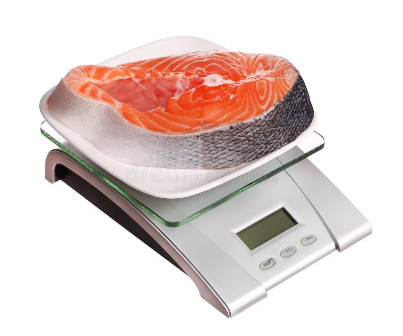 Food scale with salmon fish electronic and digital isolated on white background. Food scale with salmon fish electronic and digital isolated on white background