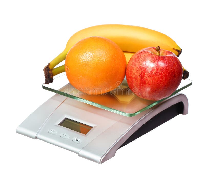Food scale with fruits apple banana and orange isolated on white background. Food scale with fruits apple banana and orange isolated on white background