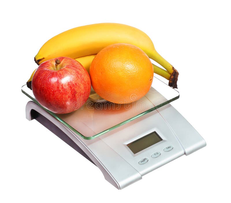 Food scale with fruits apple banana and orange isolated on white background. Food scale with fruits apple banana and orange isolated on white background