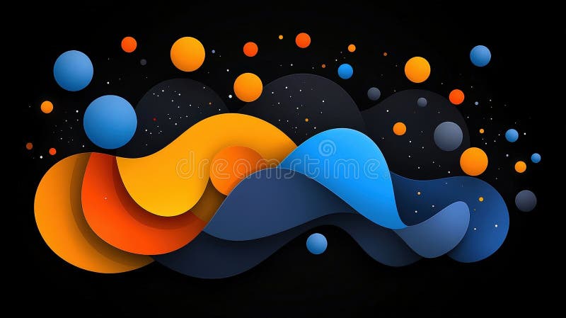 Lebhafte abstrakte Wellen mit bunten Kreisen auf dunklem Hintergrund für kreative Designzwecke stockfoto