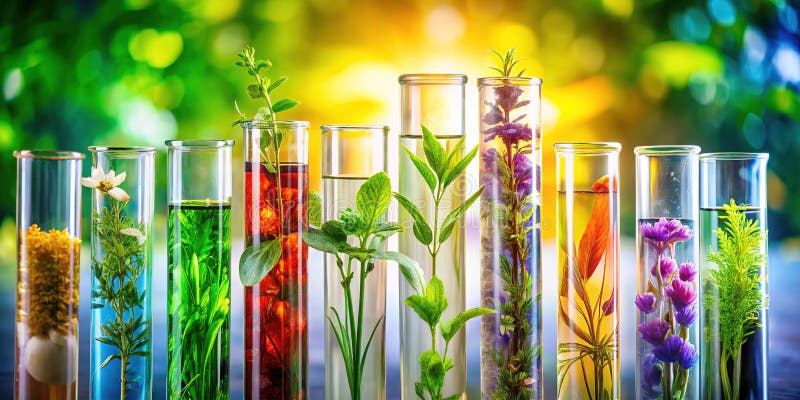 Lebhafte Botanische Experimentierkunst Abstrakte Teströhre Kunst Glühende Pflanzen Flora in zeitgenössischem Visual stock abbildung