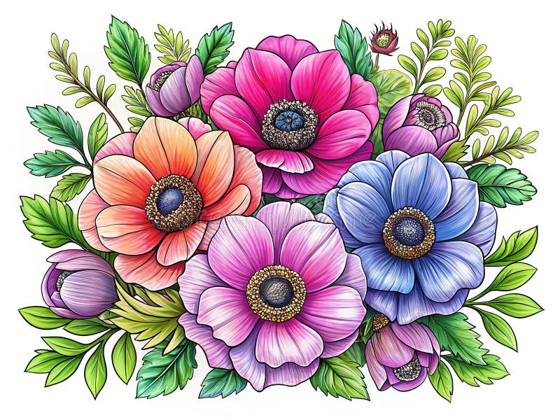 Lebhafte botanische Farbseite farbenfrohe Anemonen und Leaves Illustration für Kinder und Erwachsene vektor abbildung